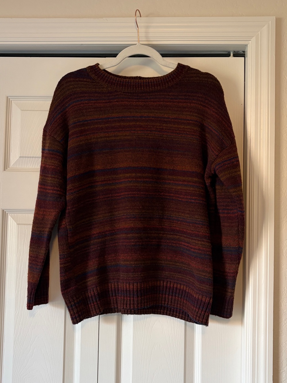 Women's Crewneck Striped Knit Sweater - Burgundy Multi